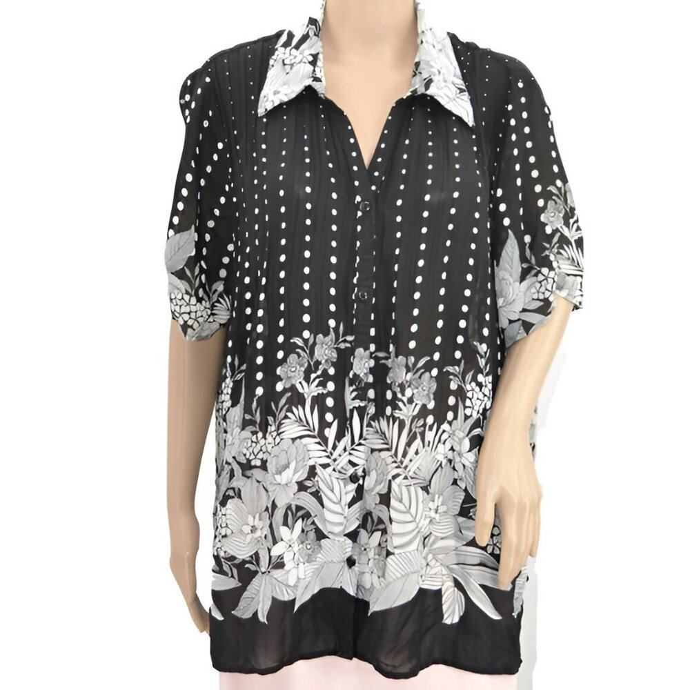 Studio 1940 Black White Floral Contrast Dot Layering Sheer Top Blouse XXL 2X